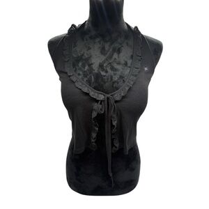 NWT PacSun Black Ruffle Trim Halter Top Tie Front Crop XS